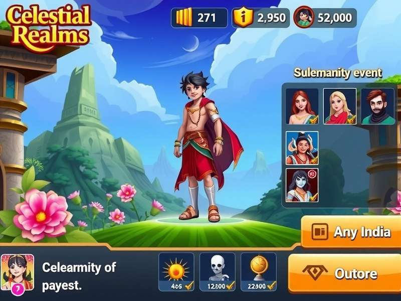 Celestial Realms Quest gameplay screenshot showing character in mythical Indian landscape